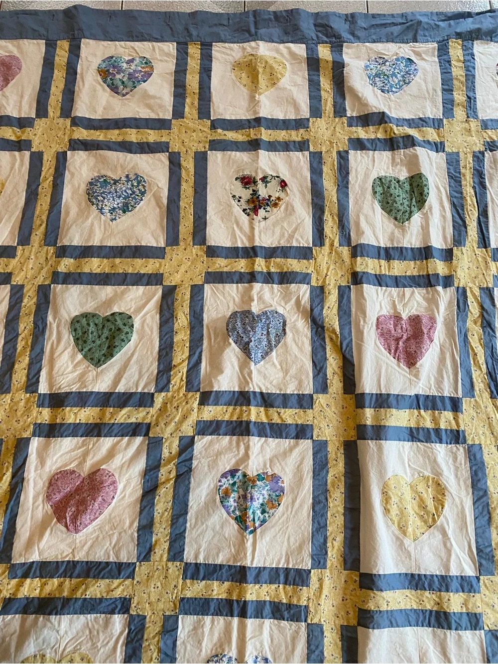 jcpenney Blue, Yellow and Cream Heart Patchwork Quilt shower curtain
